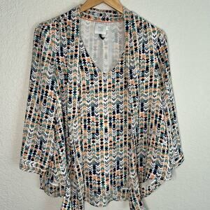 Anthropologie HD in Paris Career Blouse V Neck Tie Silky School Geo Office